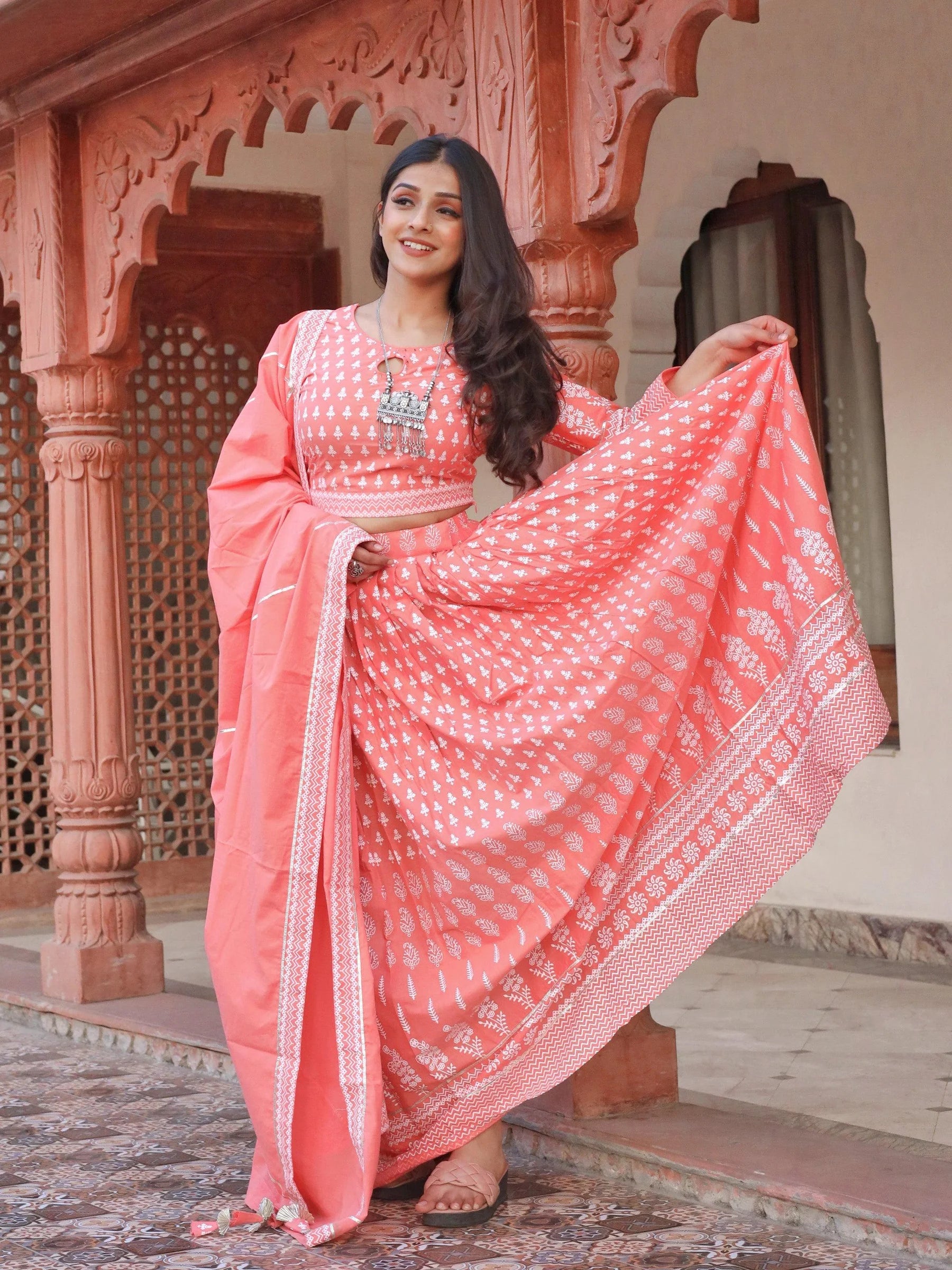 Nalini Pink Printed Crop Top, Lehenga With Dupatta Set